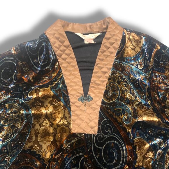 VTG Diamond Tea Loungewear Caftan Dress Velvet Quilted Blk Gold L Retro Atomic - Picture 6 of 11